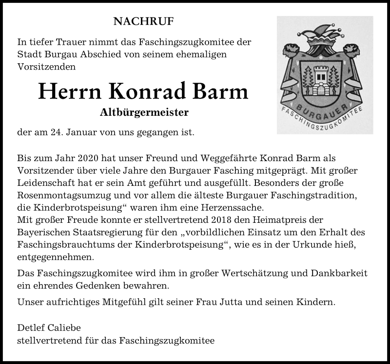  Traueranzeige für Konrad Barm vom 31.01.2022 aus Günzburger Zeitung