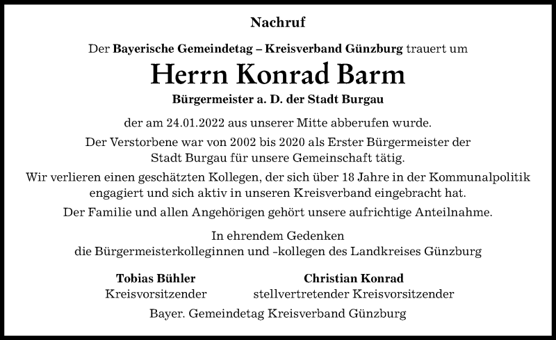  Traueranzeige für Konrad Barm vom 28.01.2022 aus Mittelschwäbische Nachrichten, Günzburger Zeitung