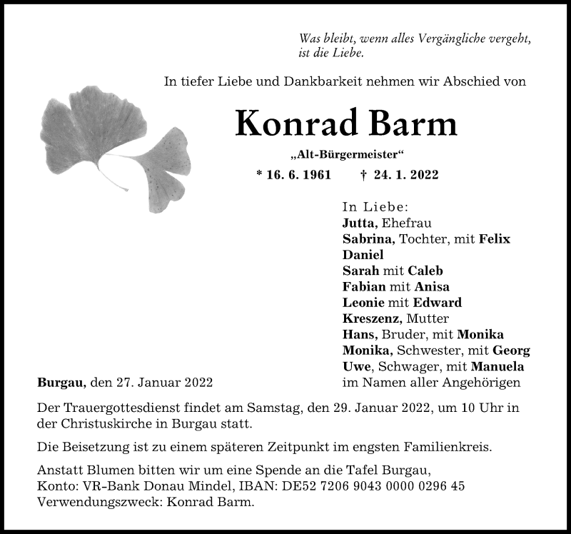  Traueranzeige für Konrad Barm vom 27.01.2022 aus Günzburger Zeitung