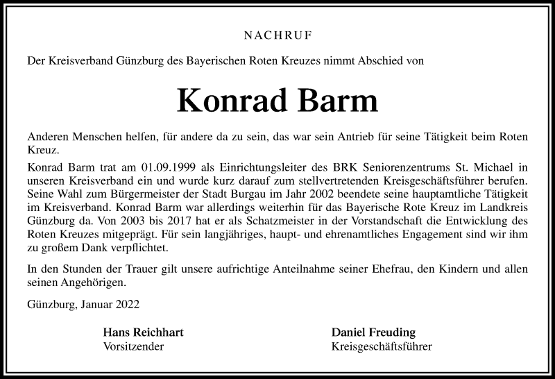  Traueranzeige für Konrad Barm vom 28.01.2022 aus Günzburger Zeitung