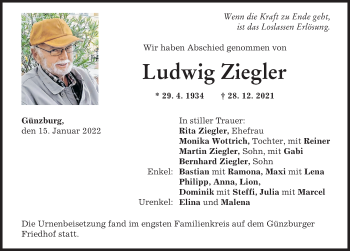 Traueranzeige von Ludwig Ziegler von Günzburger Zeitung