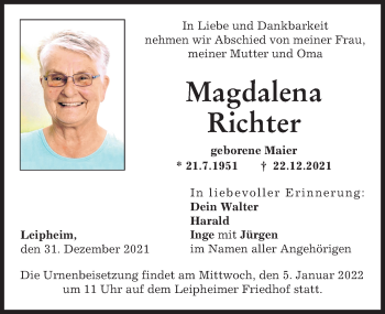 Traueranzeige von Magdalena Richter von Günzburger Zeitung
