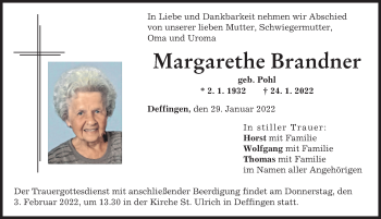 Traueranzeige von Margarethe Brandner von Günzburger Zeitung