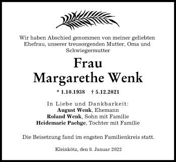 Traueranzeige von Margarethe Wenk von Günzburger Zeitung