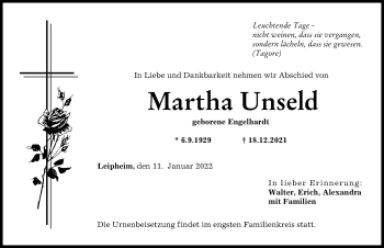 Traueranzeige von Martha Unseld von Günzburger Zeitung