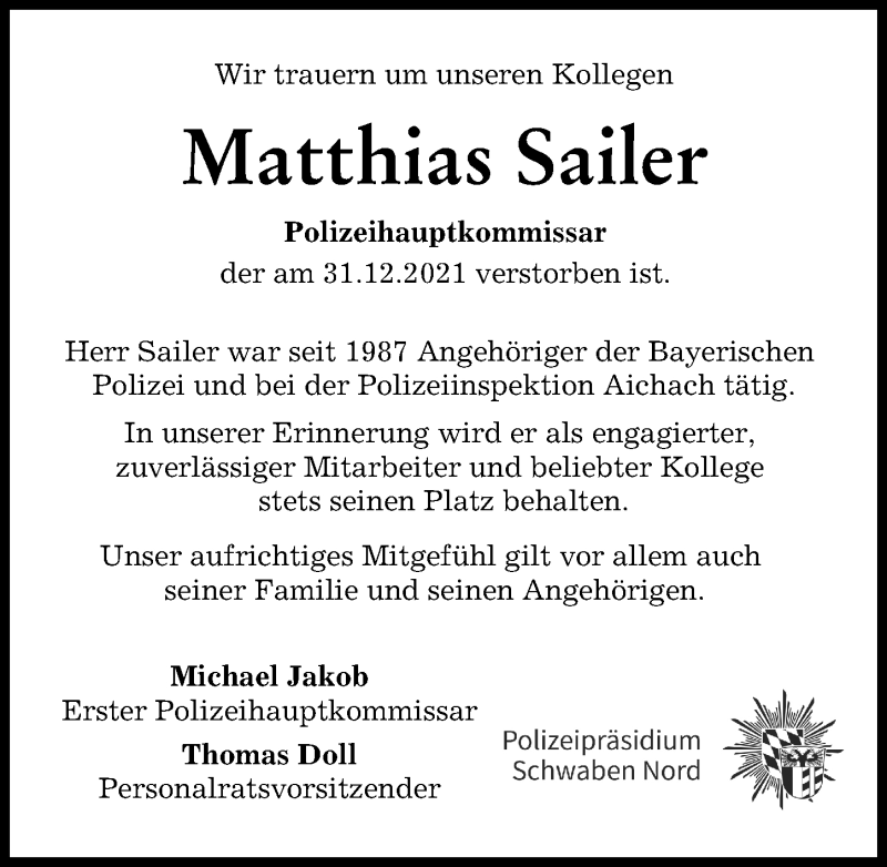  Traueranzeige für Matthias Sailer vom 08.01.2022 aus Aichacher Nachrichten