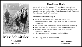 Traueranzeige von Max Schnitzler von Mittelschwäbische Nachrichten