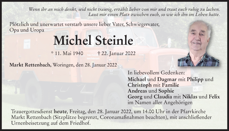  Traueranzeige für Michel Steinle vom 28.01.2022 aus Mindelheimer Zeitung