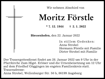 Traueranzeige von Moritz Förstle von Augsburger Allgemeine