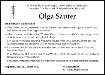 Traueranzeige von Olga Sauter von Günzburger Zeitung