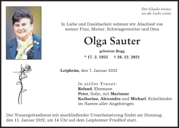 Traueranzeige von Olga Sauter von Günzburger Zeitung