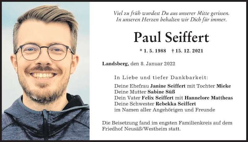  Traueranzeige für Paul Seiffert vom 08.01.2022 aus Landsberger Tagblatt