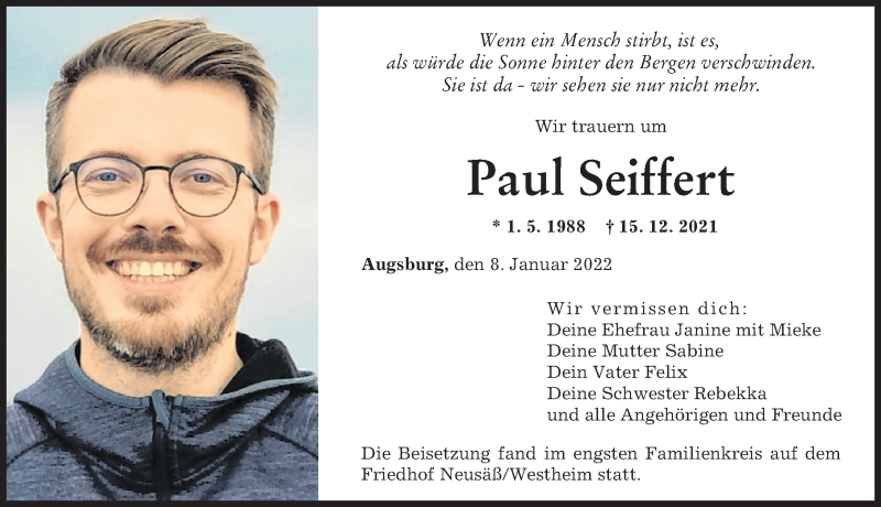  Traueranzeige für Paul Seiffert vom 08.01.2022 aus Augsburger Allgemeine