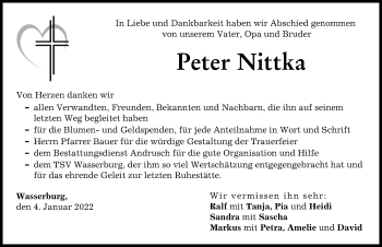 Traueranzeige von Peter Nittka von Günzburger Zeitung