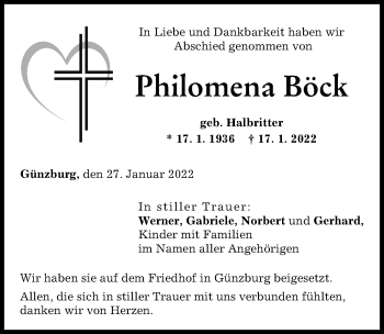 Traueranzeige von Philomena Böck von Günzburger Zeitung