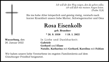 Traueranzeige von Rosa Eisenkolb von Günzburger Zeitung