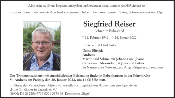 Traueranzeige von Siegfried Reiser von Augsburger Allgemeine, Illertisser Zeitung
