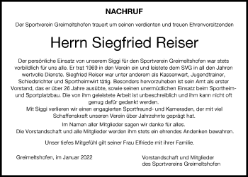 Traueranzeige von Siegfried Reiser von Illertisser Zeitung