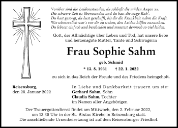 Traueranzeige von Sophie Sahm von Günzburger Zeitung