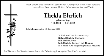 Traueranzeige von Thekla Ehrlich von Günzburger Zeitung