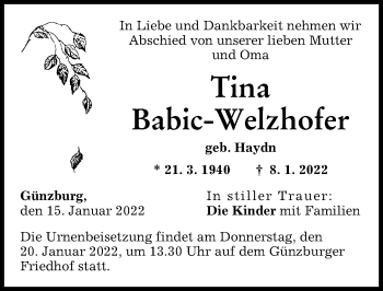 Traueranzeige von Tina Babic-Welzhofer von Günzburger Zeitung