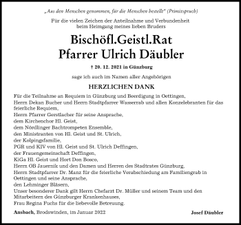 Traueranzeige von Ulrich Däubler von Rieser Nachrichten, Günzburger Zeitung