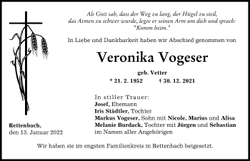 Traueranzeige von Veronika Vogeser von Günzburger Zeitung