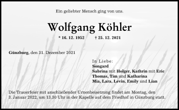 Traueranzeige von Wolfgang Köhler von Günzburger Zeitung