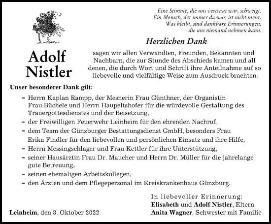 Traueranzeige von Adolf Nistler von Günzburger Zeitung