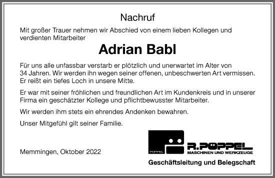 Traueranzeige von Adrian Babl von Mindelheimer Zeitung