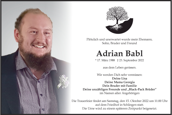 Traueranzeige von Adrian Babl von Mindelheimer Zeitung