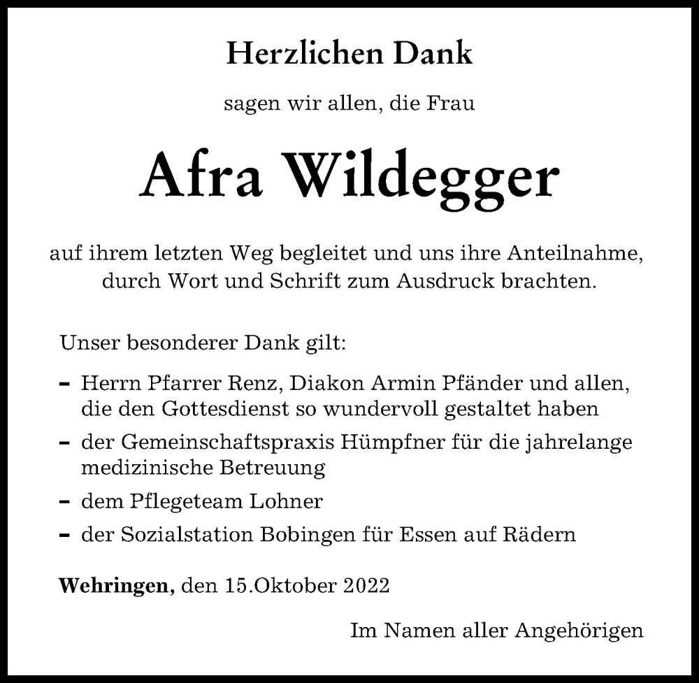  Traueranzeige für Afra Wildegger vom 15.10.2022 aus Schwabmünchner Allgemeine