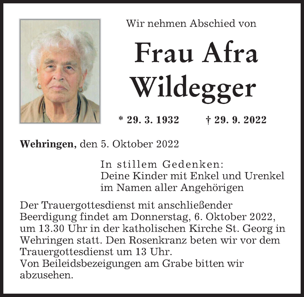  Traueranzeige für Afra Wildegger vom 05.10.2022 aus Schwabmünchner Allgemeine