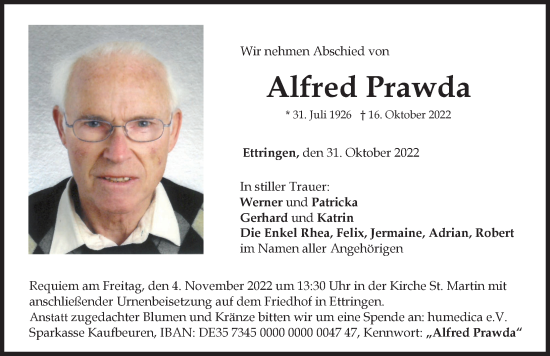 Traueranzeige von Alfred Prawda von Mindelheimer Zeitung