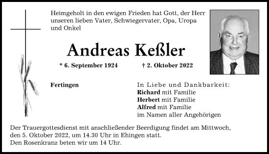 Traueranzeige von Andreas Keßler von Augsburg-Land