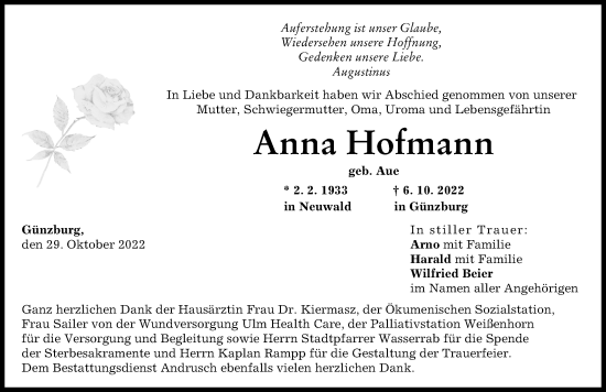 Traueranzeige von Anna Hofmann von Günzburger Zeitung