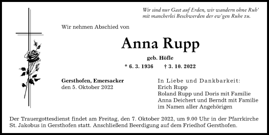 Traueranzeige von Anna Rupp von Augsburger Allgemeine