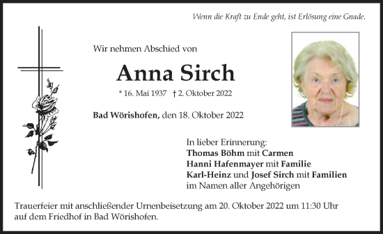 Traueranzeige von Anna Sirch von Mindelheimer Zeitung