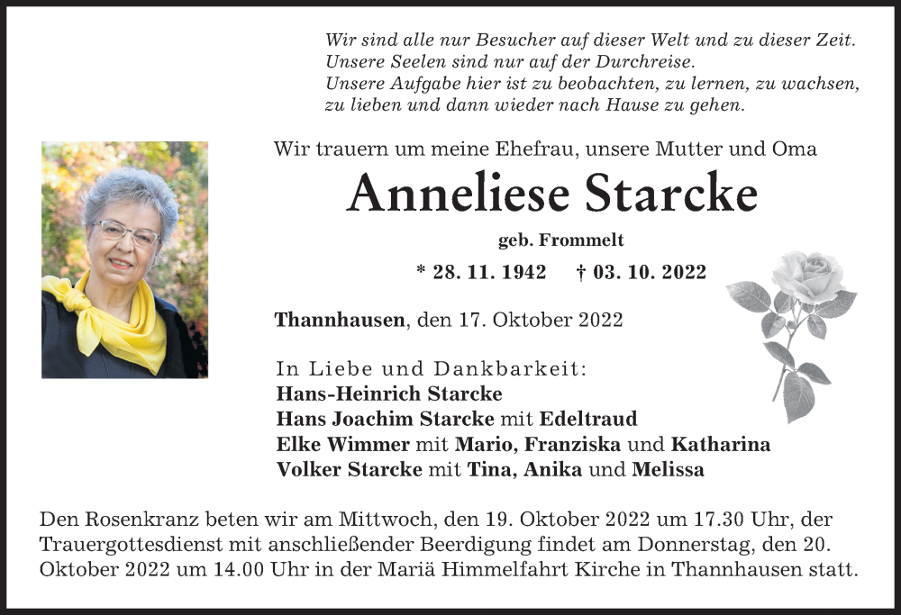  Traueranzeige für Anneliese Starcke vom 17.10.2022 aus Mittelschwäbische Nachrichten