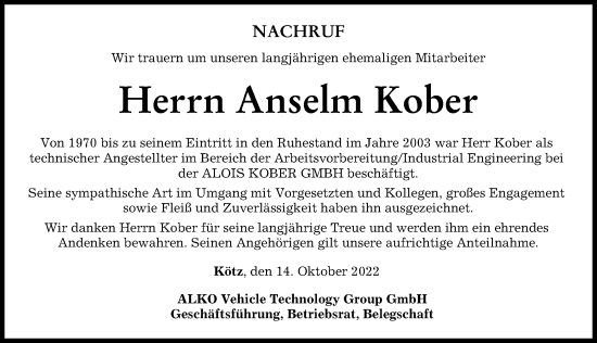 Traueranzeige von Anselm Kober von Günzburger Zeitung