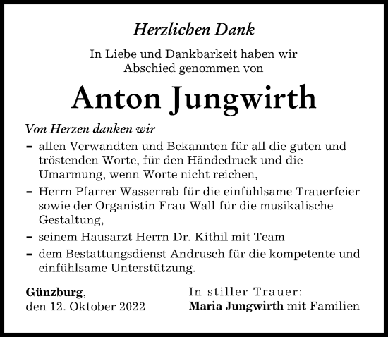 Traueranzeige von Anton Jungwirth von Günzburger Zeitung