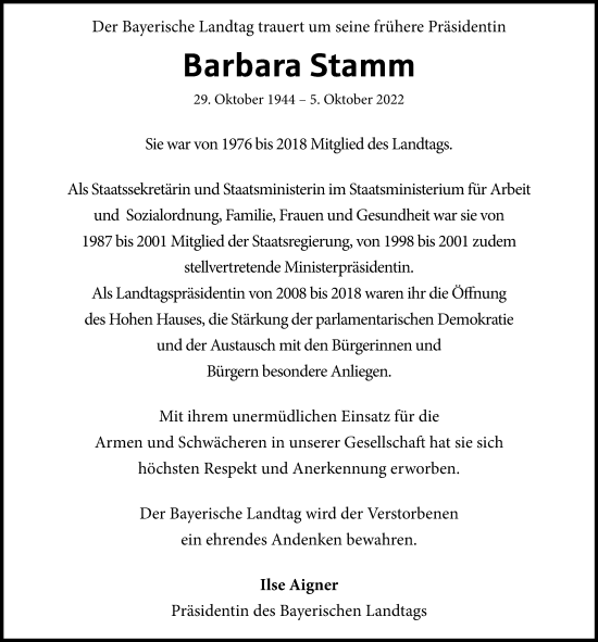 Traueranzeige von Barbara Stamm von Augsburger Allgemeine