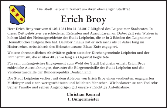 Traueranzeige von Erich Broy von Günzburger Zeitung