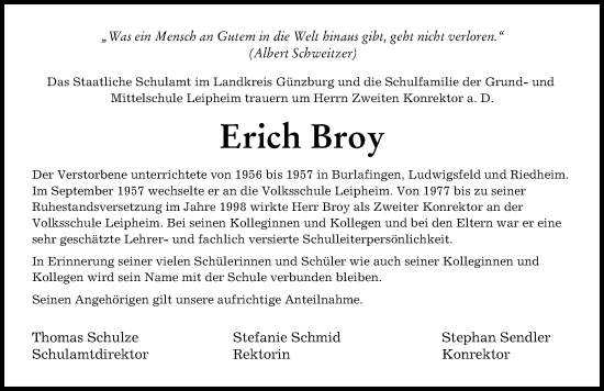 Traueranzeige von Erich Broy von Günzburger Zeitung