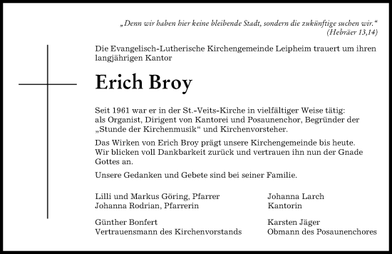 Traueranzeige von Erich Broy von Günzburger Zeitung