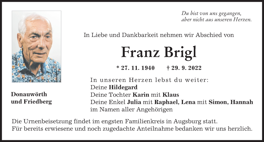 Traueranzeige für Franz Brigl vom 01.10.2022 aus Donauwörther Zeitung