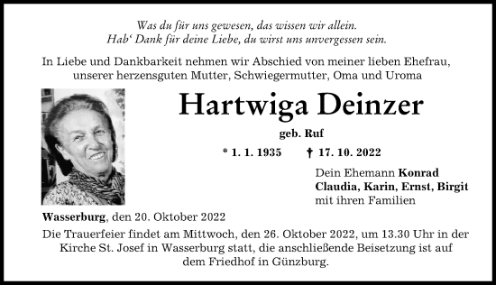Traueranzeige von Hartwiga Deinzer von Günzburger Zeitung