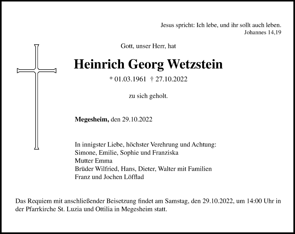  Traueranzeige für Heinrich Georg Wetzstein vom 29.10.2022 aus Rieser Nachrichten