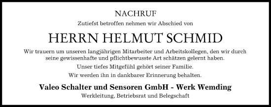 Traueranzeige von Helmut Schmid von Donauwörther Zeitung