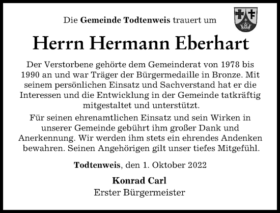 Traueranzeige von Hermann Eberhart von Aichacher Nachrichten